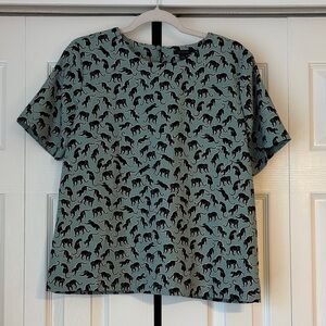 Ann Taylor Mint Green Black Panther/Jaguar Novelty Twee Top Blouse-Small